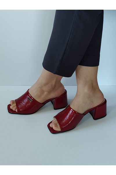 ERS Air Comfort Women's Burgundy Patent Leather Genuine Leather Heeled Slippers with Buckle Stylish Daily