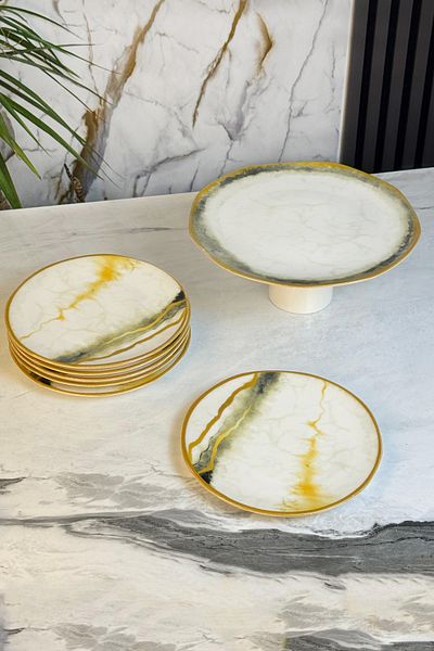 MAY HOME 7 Piece Yeh Porcelain Cake Presentation Set with Stand & Footed Cake Pastry Cookie Serving Set