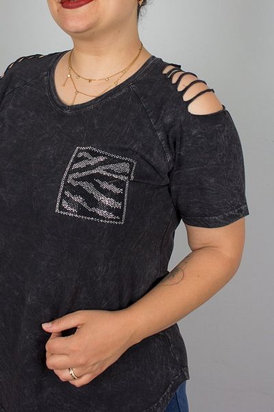 Truva XXL Black V-Neck Shoulder Detail Stoned Washed Cotton Blouse – Stylish and Comfortable Design
