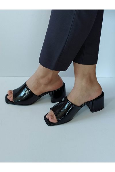 ERS Air Comfort Women's Black Patent Leather Genuine Leather Heeled Slippers with Buckle Daily