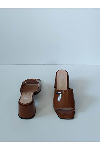 ERS Air Comfort Women's Tan Patent Leather Genuine Leather Heeled Slippers with Buckle Stylish Daily
