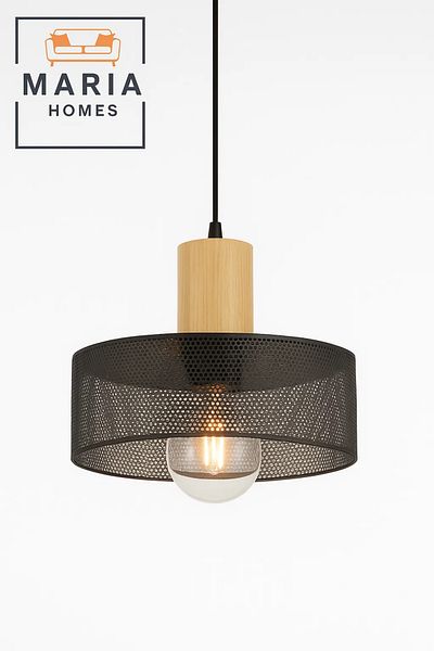 MARIA HOMES Black Mesh Pendant Light with Wood Accent