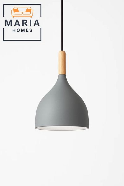 MARIA HOMES Matte Grey Pendant Light with Wood Neck