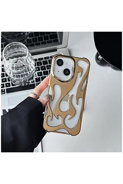 Pro Aksesuar Apple iPhone 15 Plus Uyumlu Kılıf Alev Desenli Silikon Kılıf Gold