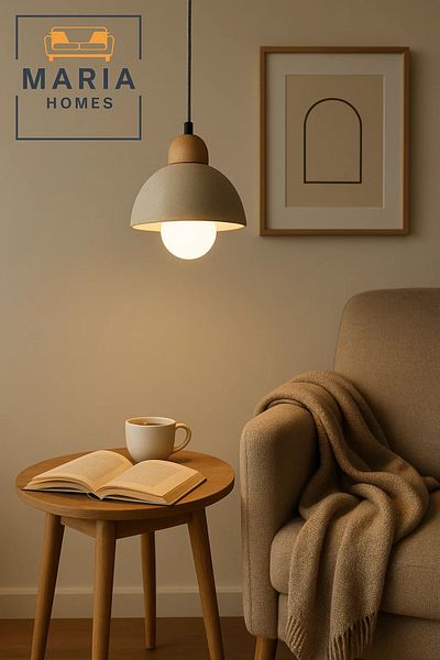 MARIA HOMES Compact White Dome Pendant Light with Wood Accent