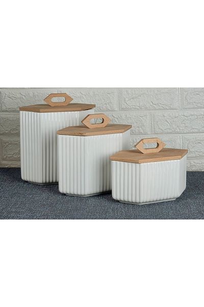 Pembelia Life Set of 3 Porcelain Jars with Bamboo Lids Tea Sugar Salt Coffee Storage Jar Set
