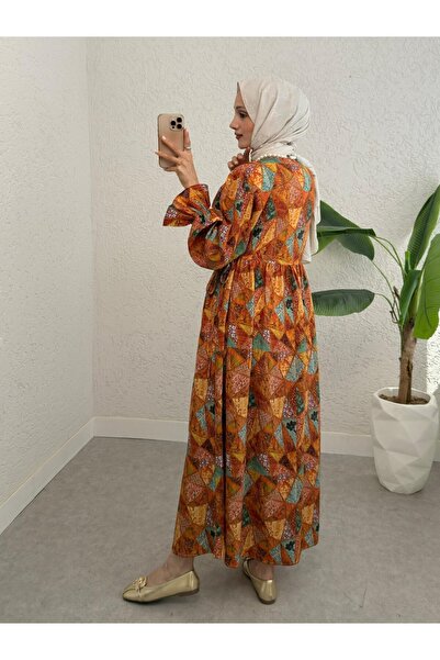 Modamorfo Half Button Waist Lace-Up Patterned Dress -Orange