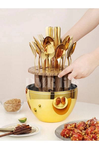 DMR LİFE Dmr Life Gold Egg Figurine Diamond 24 Piece Fork Spoon Knife Set Luxury Kitchenware Set (18/10)