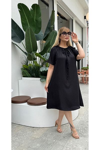 Butik Nilyam Women's Plus Size Rubber Neck Short Sleeve Sofia Linen Dress 24780