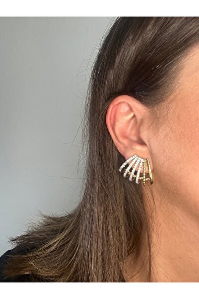 ALS Tasarım Dünyası Kadın Gold Ve Zirkon Taşlı Tek Kulak Deliğinde Çoklu Görünümlü Küpe