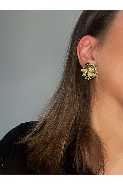 ALS Tasarım Dünyası Women's Black and Gold Matching Bee Model Round Model Steel Earrings