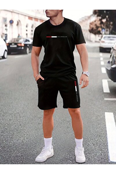 THEKONT White-Red Losangeles Printed Shorts-T-Shirt Set (S-5Xl)