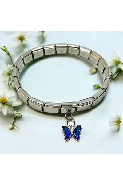 MeSin Store Blue Butterfly Spirit Steel Charm Add on Steel Italian Bracelet