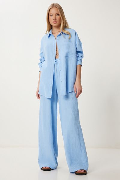 Lovelyİstanbul Oversize Muslin Shirt Trousers Set Sky Blue Lsa0014