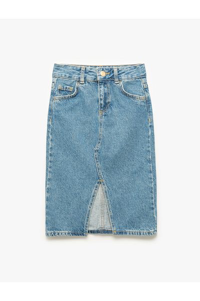 Koton Denim Skirt with Cotton Pockets and Slit Detail