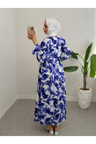 Modamorfo Half Button Waist Lace-Up Patterned Dress -Saks