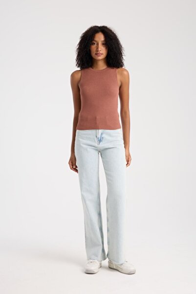 İLKCET MODA Βασικό καφέ αμάνικο γυναικείο πλεκτό