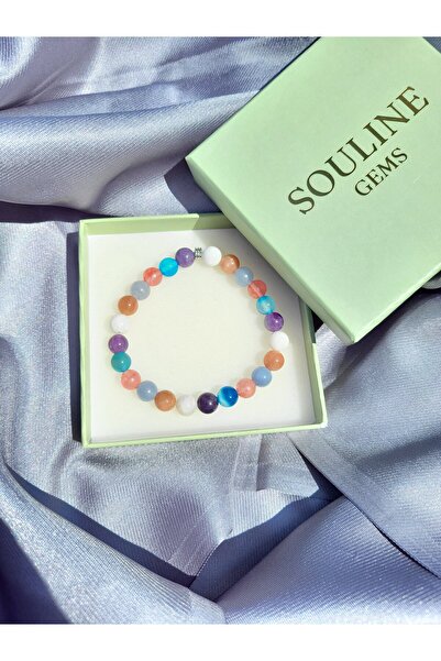 Souline Gems Gerçek Doğal Taş Bileklik - Ametist, Karnelyan, Ay Taşı, Güneş Taşı, Akuamarin, Pembe Kuvars