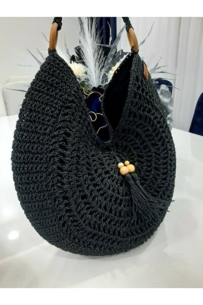 Goshıkı El Örgüsü Püsküllü Kadın Omuz Çantası Kağıt İp Siyah