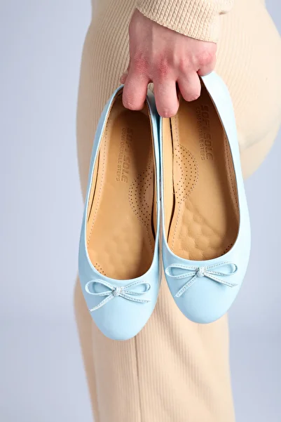 SOFT Women's Genuine Leather Orthopedic Bow Detailed Ballerina Shoes - Light Blue Comfortable Daily Stylish Ballerinas