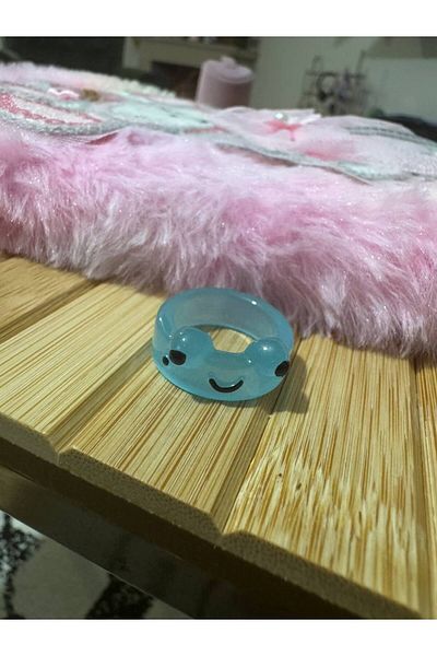 Herşey Nota Turquoise Children's Ring with Cute Frog Figure – Fixed Size Resin Cartoon Jewelry