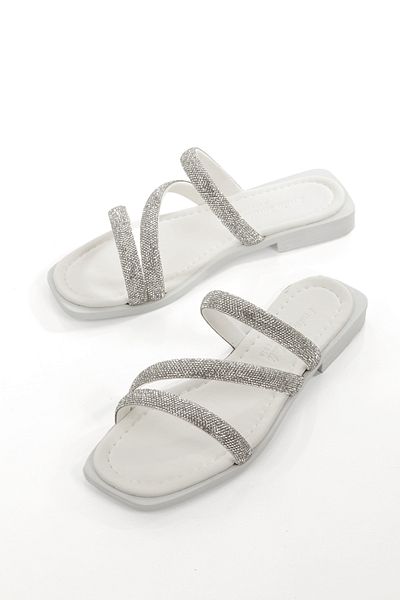ARTI ARTI AYAKKABI Mia026-1610 Women's Daily Stone Banded White Holiday Slippers