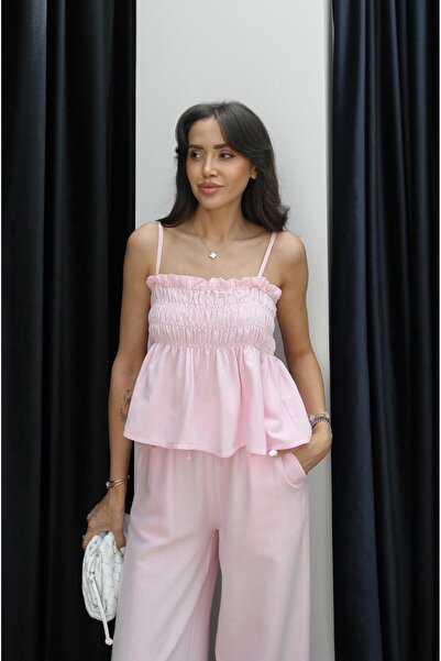 Havoş Pink Gipeli Blouse Trousers Linen Suit