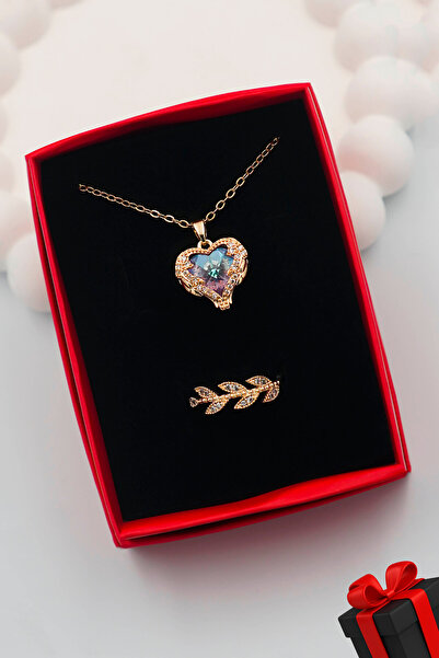 TREND COLLECTİON Kadın Paslanmaz Çelik Gold Zirkon Taşlı Kolye Ve Yüzük Set (Kutulu)