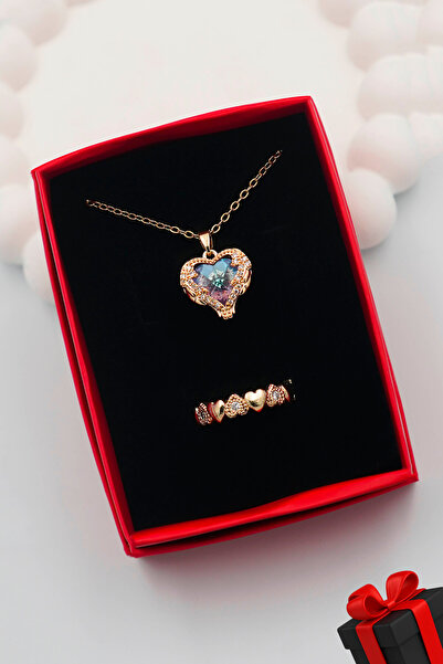 TREND COLLECTİON Paslanmaz Çelik Zirkon Taşlı Gold Kalp Kolye Ve Yüzük Seti