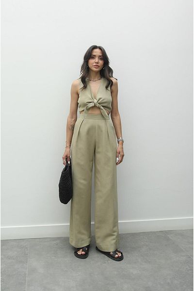 Havoş Khaki Tie-Up Crop Pants Set