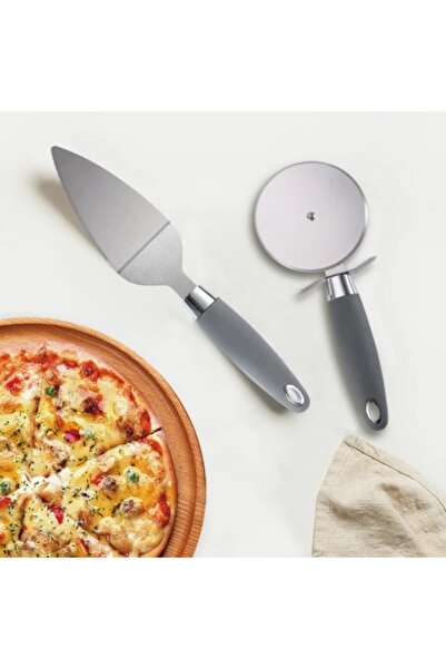 FOXMAG24 Set of 2 pizza tools: spatula and knife, stainless steel, ABS handle, black/silver