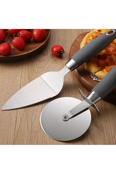 FOXMAG24 Set of 2 pizza tools: spatula and knife, stainless steel, ABS handle, black/silver