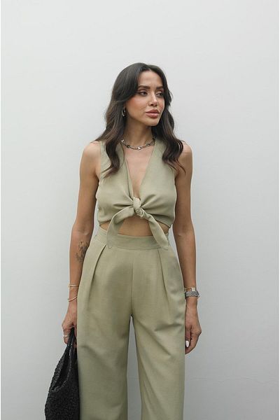 Havoş Khaki Tie-Up Crop Pants Set