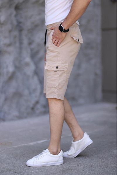 XORVİO Men's Lycra Gabardine Stylish Quality Beige Pocket Shorts Cotton Elastic Waist