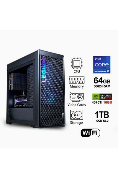 LENOVO كمبيوتر ألعاب Legion T5 مزود بمعالج Intel Core i9-14900HX وذاكرة وصول عشوائي (RAM) سعة 64 جيجابايت ومحرك أقراص SSD سعة 1 تيرابايت وبطاقة رسومات NVIDIA GeF سعة 16 جيجابايت