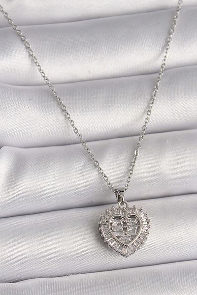 Avantaj Kapıda ®   316L Steel Silver Color Chain Zircon Stone Heart Model Women's Necklace