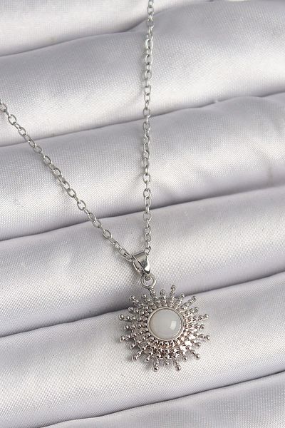 Avantaj Kapıda ®   316L Steel Silver Color Chain White Enamel Sun Model Women's Necklace