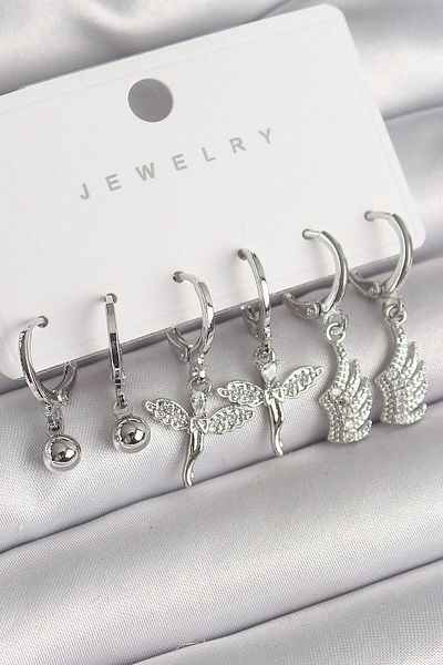 Avantaj Kapıda ®   Brass Silver Color Dangle Zircon Stone Angel Model Wing Detail Women's Earring Set