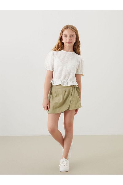 LC Waikiki Lcw Kids Ecru Crew Neck Ruffle Detail Girls Crop T-Shirt S5Fd52Z4Nvy25