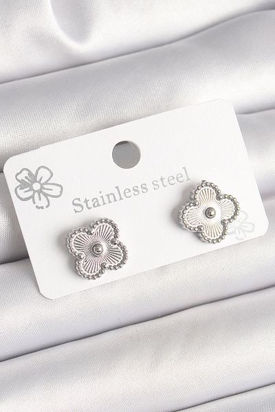 Avantaj Kapıda ®   Brass Silver Color Embroidered Clover Model Women's Earrings