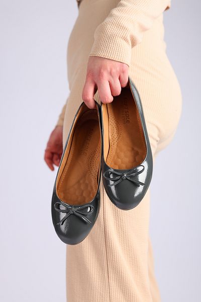SOFT Women's Genuine Leather Orthopedic Bow Detailed Ballerina Shoes - Gray Patent Leather Comfortable Daily Stylish Ballerinas