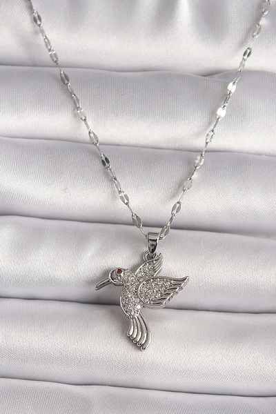 Avantaj Kapıda ®   316L Silver Color Zircon Stone Hummingbird Model Women's Necklace