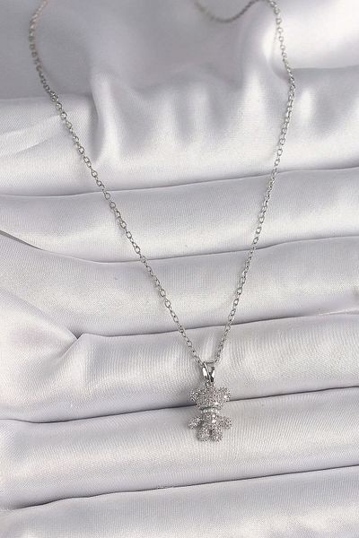 Avantaj Kapıda ®   316L Steel Silver Color Chain Zircon Stone Teddy Bear Figure Women's Necklace