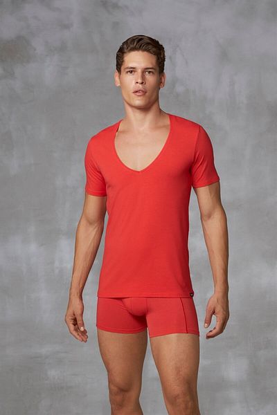 NazikEndam Dore Anse Men's Modal Deep V Neck Short Sleeve t Shirt 2820 Red