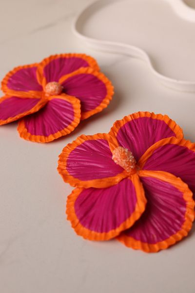 Gizy Store Polymer Clay Bicolor Orange Oembe Hibiscus Flower Earring