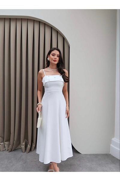 Afiş Butik White Thin Strap Chest Pearl Embroidered Midi Dress