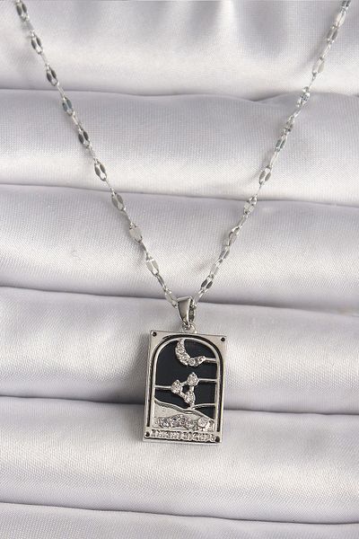 Avantaj Kapıda ®   316L Steel Silver Color Zircon Stone Moon Figured Taror Model Women's Necklace