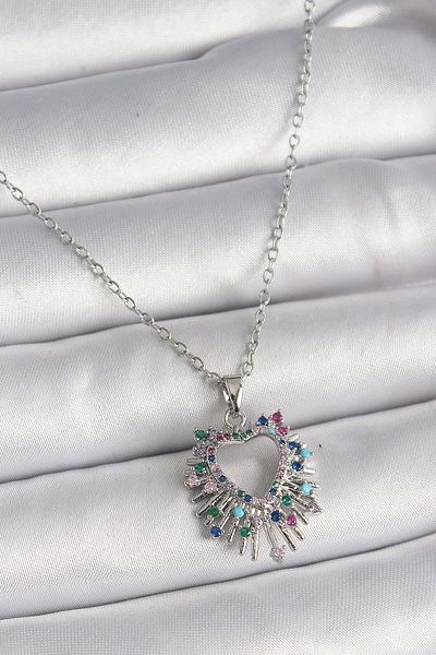 Avantaj Kapıda ®   316L Steel Silver Color Chain Colorful Zircon Stone Heart Model Women's Necklace