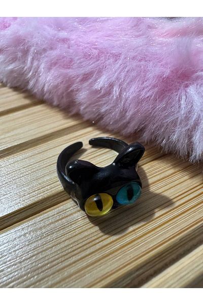 Herşey Nota Children's Ring with Cute Cat Figure with Black Eyes – Adjustable Resin Cartoon Jewelry