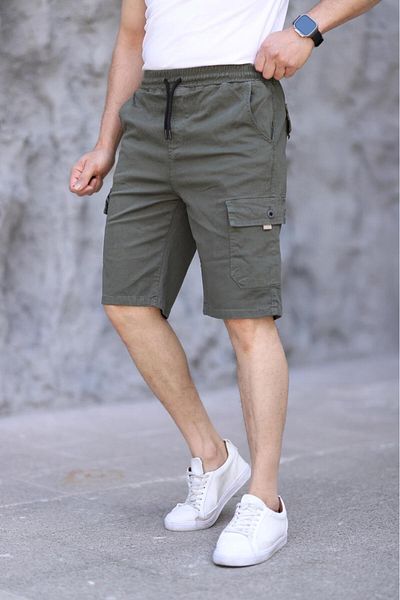 XORVİO Ανδρικό Lycra Gabardine Κομψό Ποιότητας Χακί Σορτς με Τσέπες Βαμβακερή Ελαστική Μέση
